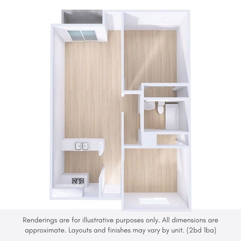 A 3D rendering of a small apartment layout with a kitchen, living room, and bathroom.
